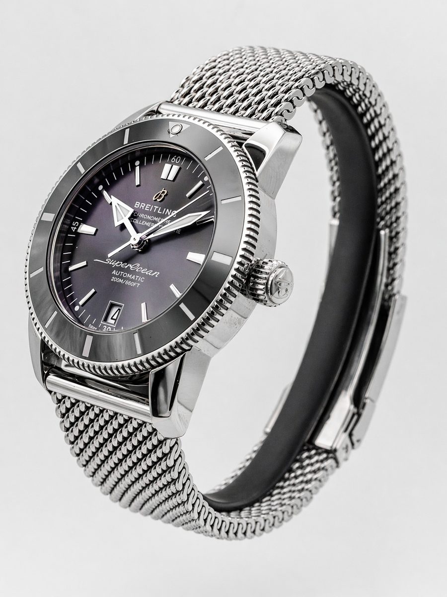 Breitling Superocean Heritage II AB20102B1B1A1 anthracite grey dial black ceramic bezel mesh bracelet preowned luxury watch - angle view