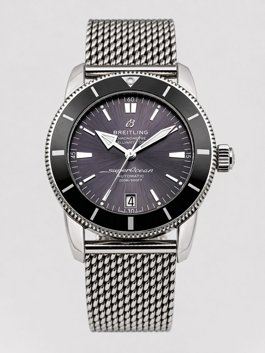 Breitling Superocean Heritage II AB20102B1B1A1 anthracite grey dial black ceramic bezel mesh bracelet preowned luxury watch - front view