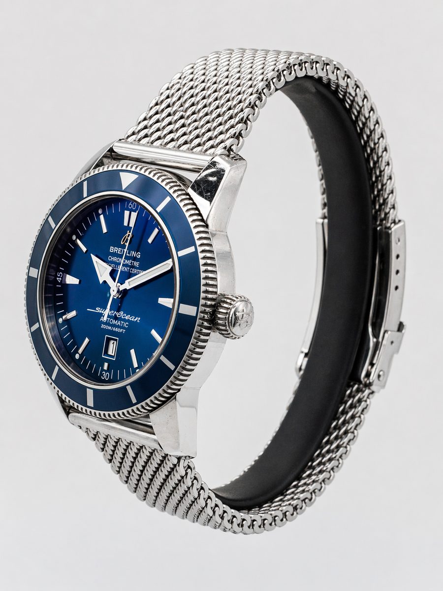 Breitling Superocean Heritage II A17320 blue dial blue bezel mesh bracelet preowned luxury watch - angle view