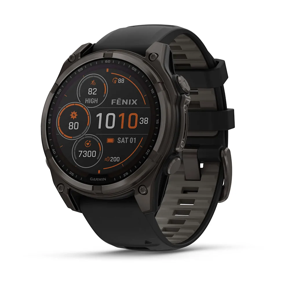 Garmin Fēnix 8 (47 mm, Solar Sapphire, Carbon‑Gray DLC Titanium, Black‑Pebble‑Grey Silicone Band)