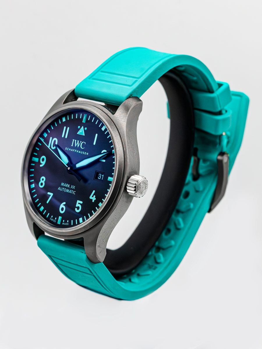 IWC Pilot's Watch Automatic Mark XX Petronas AMG F1 IW328210 black dial titanium teal rubber strap preowned luxury watch - angle view
