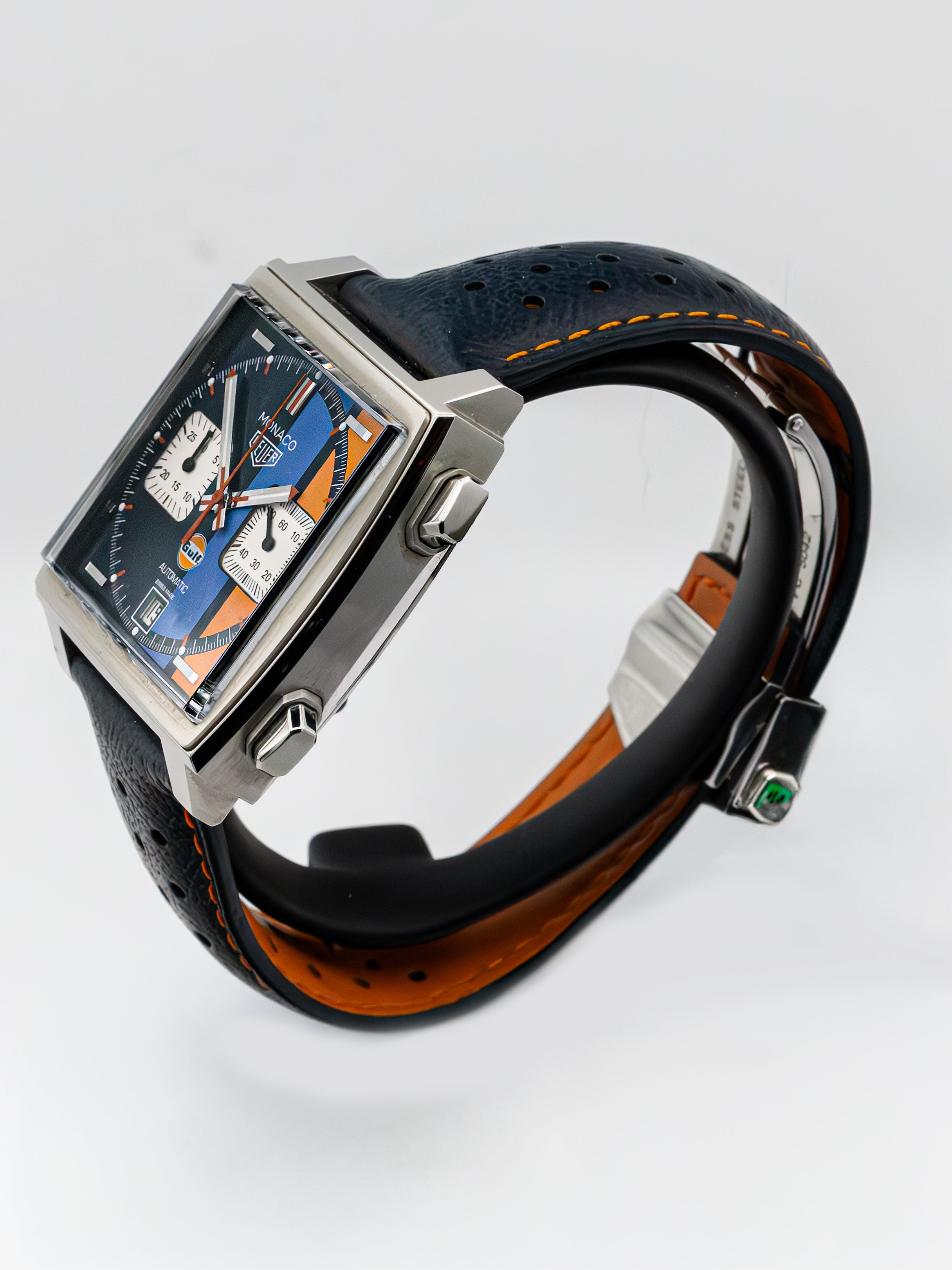 TAG Heuer Monaco Gulf CAW211R.FC6401 dial close-up - preowned luxury watch