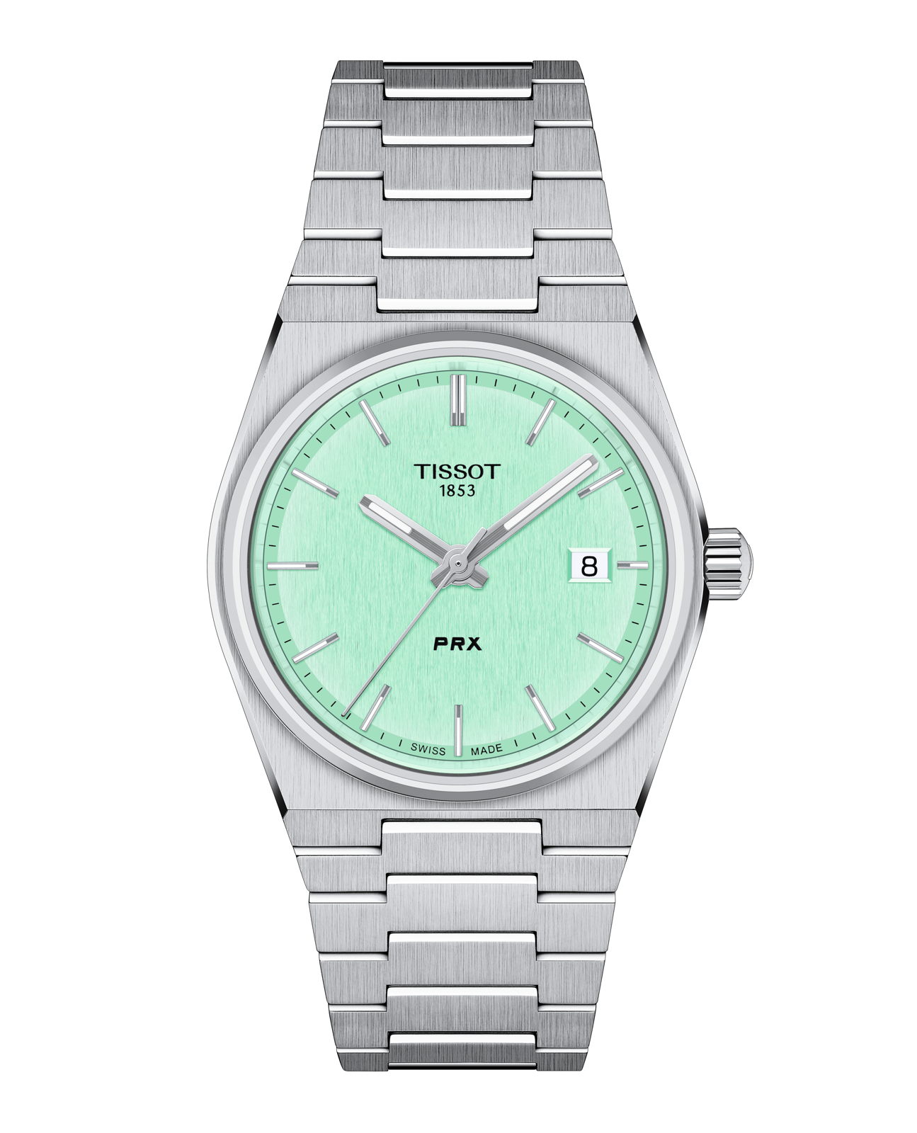 Tissot PRX T1372071135100 front view - ice blue, waffle texture dial with Stainless Steel case