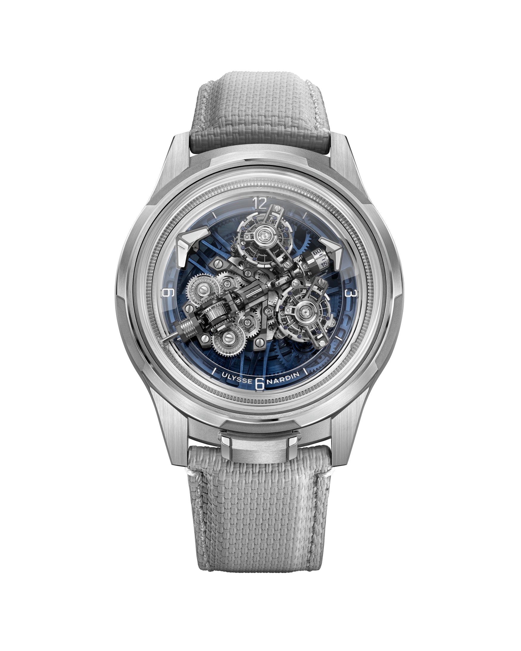 Ulysse Nardin Super Freak 2520-500LE-3A-BLUE/3A front view - blue skeletonised dial with 18ct White Gold case