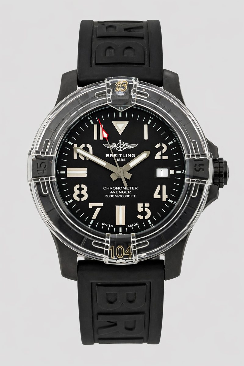 Breitling Avenger Automatic 45 Seawolf Night Mission V17319 black dial black DLC titanium rubber strap preowned luxury watch - front view