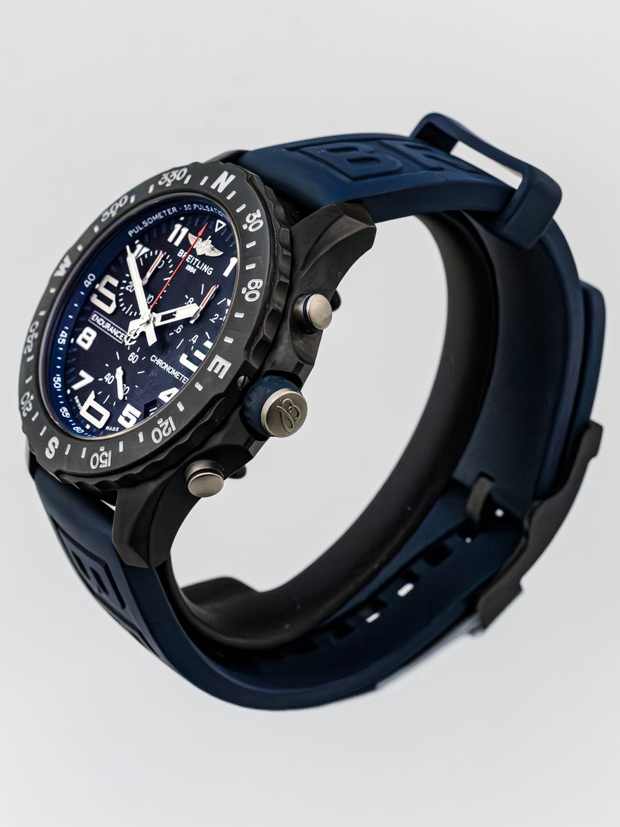 Breitling Endurance Pro X82310 navy blue dial Breitlight case navy blue rubber strap preowned luxury watch - angle view