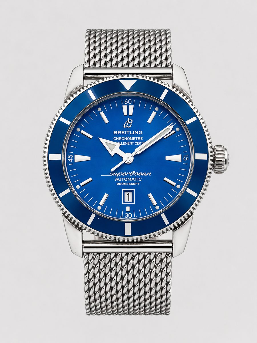 Breitling Superocean Heritage II A17320 blue dial blue bezel mesh bracelet preowned luxury watch - front view