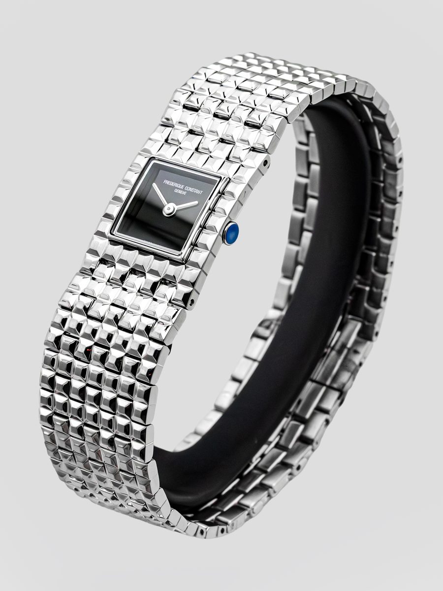 Frederique Constant Classics Carrée FC-200ONB1MC6B black dial Clous de Paris stainless steel bracelet preowned luxury watch - angle view
