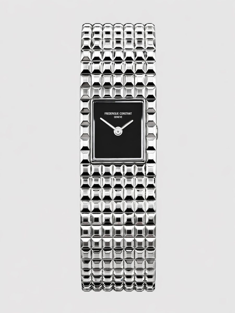 Frederique Constant Classics Carrée FC-200ONB1MC6B black dial Clous de Paris stainless steel bracelet preowned luxury watch - front view