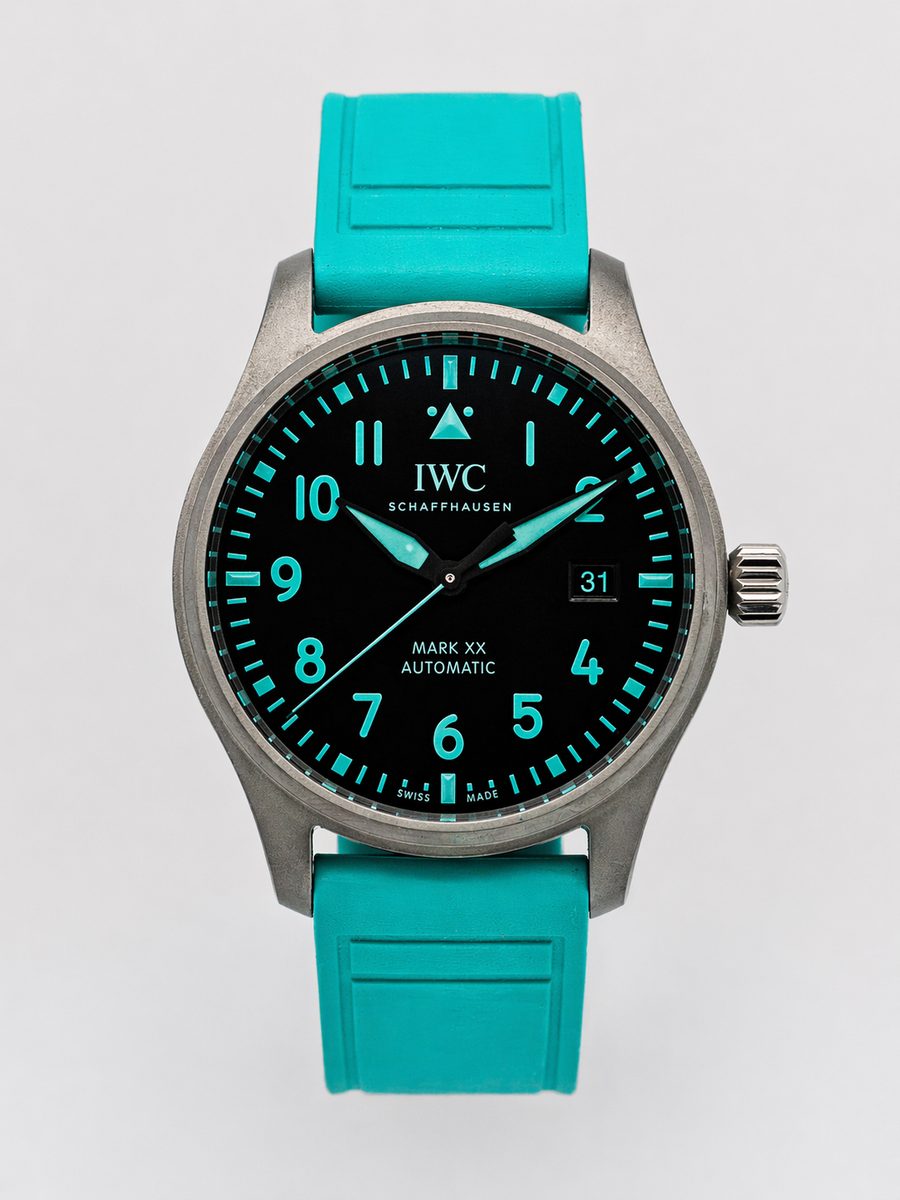 IWC Pilot's Watch Automatic Mark XX Petronas AMG F1 IW328210 black dial titanium teal rubber strap preowned luxury watch - front view