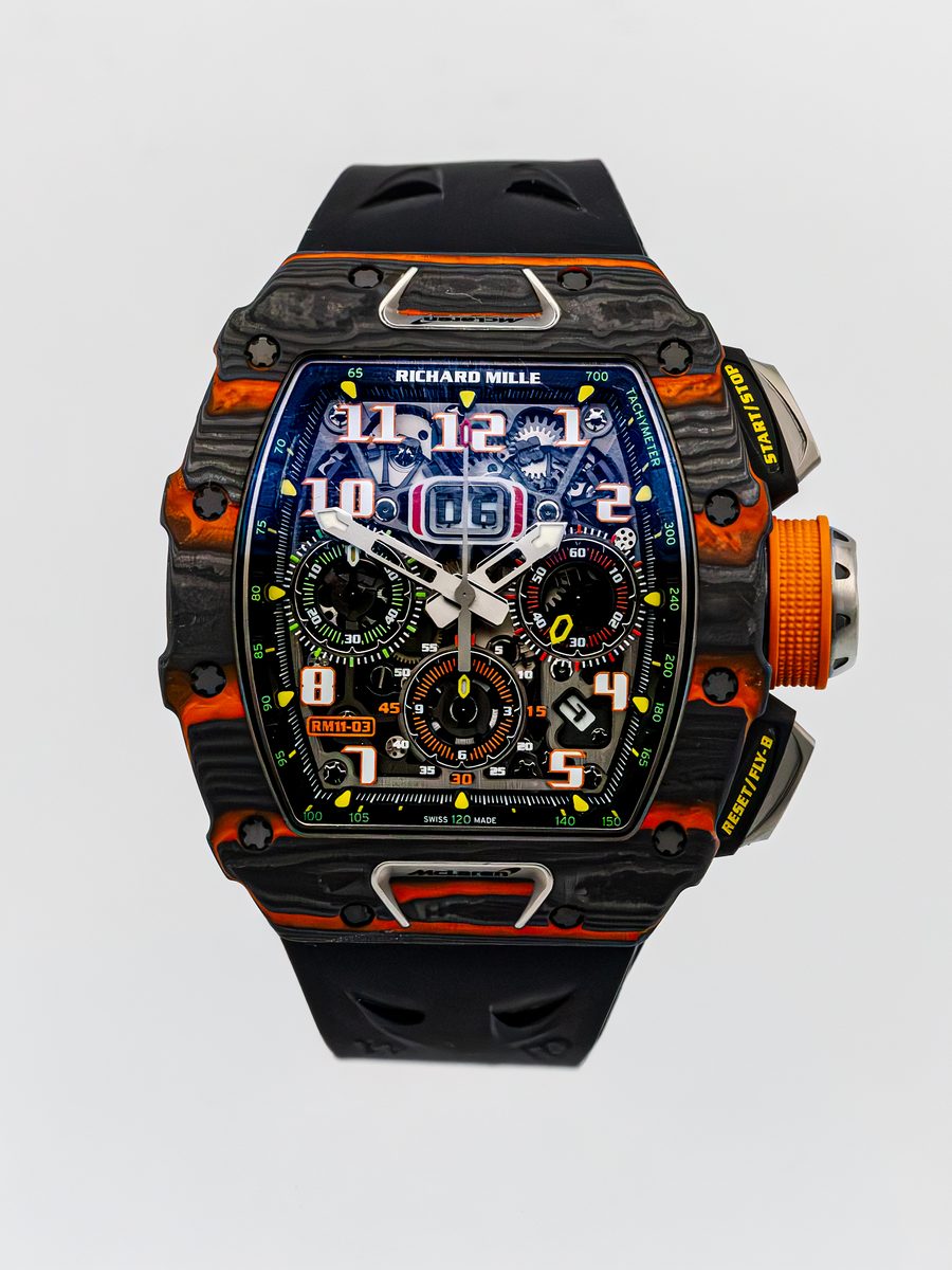 Richard Mille RM 11-03 McLaren Carbon TPT and Orange Quartz TPT flyback chronograph preowned luxury watch - front view