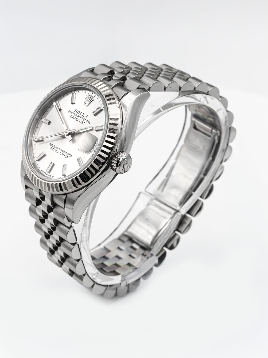 Rolex Datejust 31 278274 rhodium dial fluted white gold bezel Jubilee bracelet preowned luxury watch - angle view