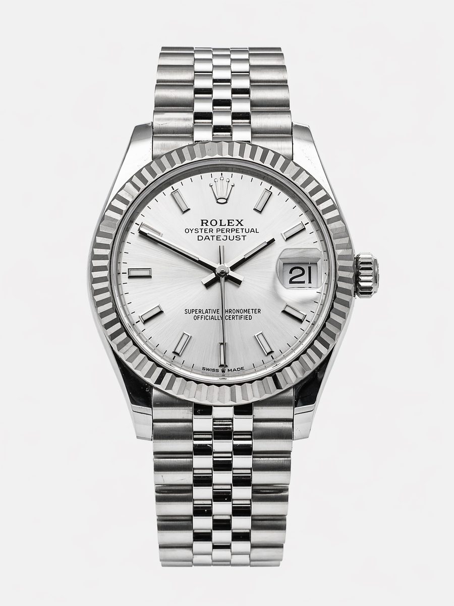 Rolex Datejust 31 278274 rhodium dial fluted white gold bezel Jubilee bracelet preowned luxury watch - front view