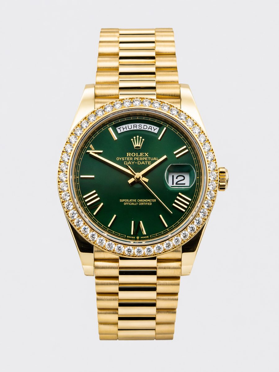 Rolex Day-Date 40 228348RBR green dial Roman numerals diamond-set bezel 18ct yellow gold President bracelet preowned luxury watch - front view