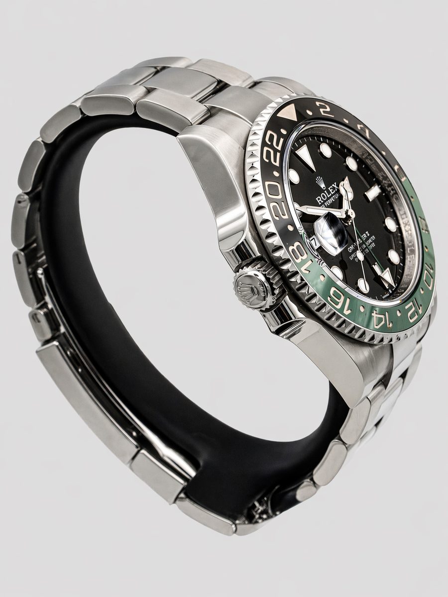 Rolex GMT-Master II 126720VTNR Sprite left-handed black dial green and black Cerachrom bezel preowned luxury watch - angle view