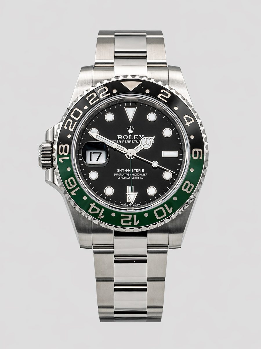 Rolex GMT-Master II 126720VTNR Sprite left-handed black dial green and black Cerachrom bezel preowned luxury watch - front view
