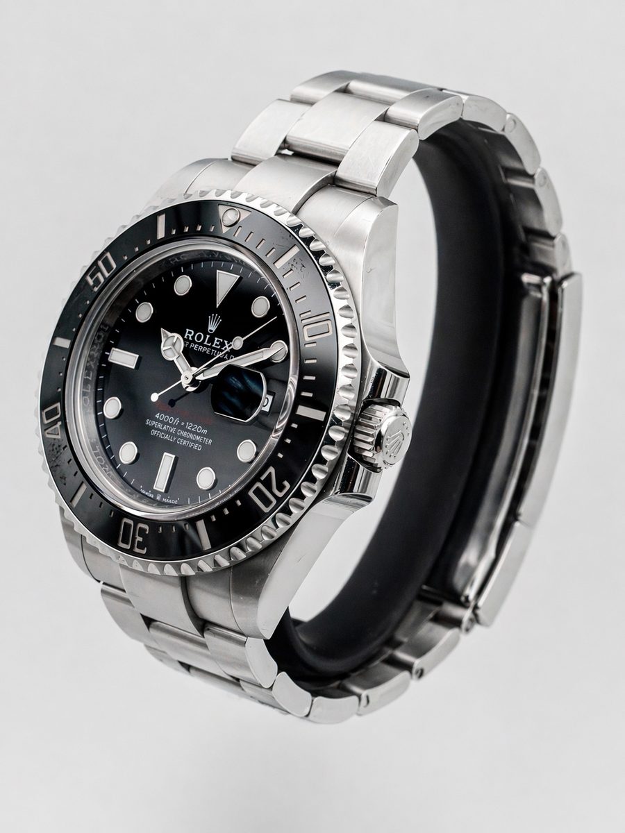 Rolex Sea-Dweller 126600 43mm black dial red Sea-Dweller text Cerachrom bezel Oystersteel Oyster bracelet preowned luxury watch - angle view