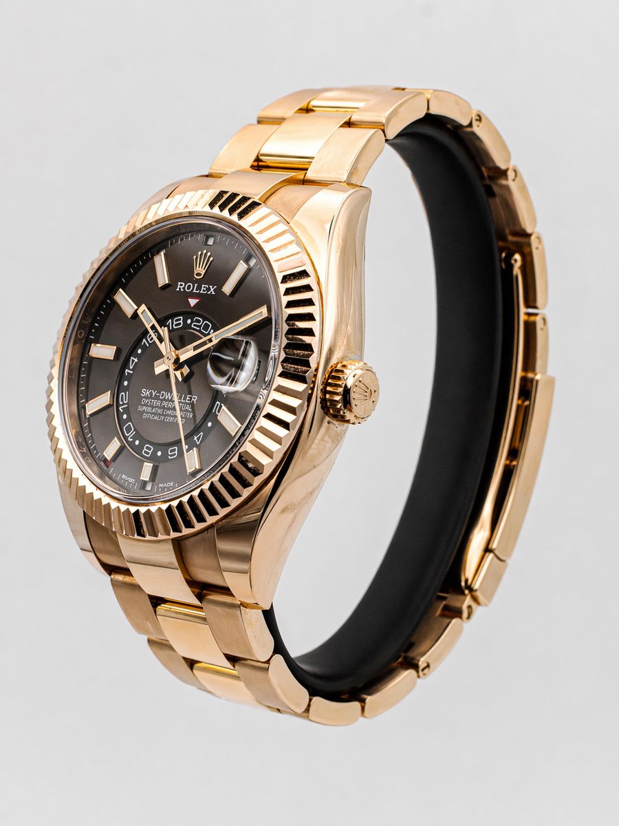 Rolex Sky-Dweller 326935 chocolate dial 18ct Everose gold fluted bezel Oyster bracelet preowned luxury watch - angle view