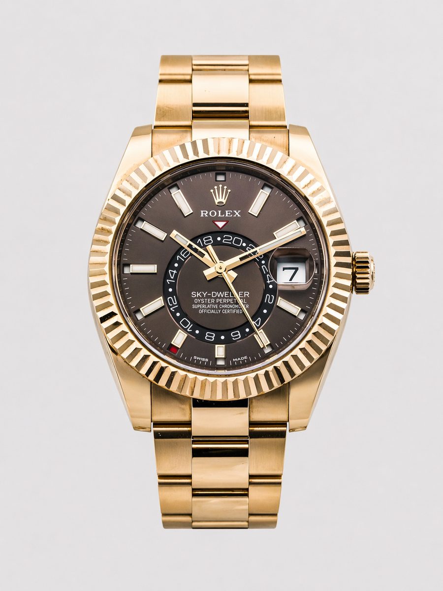 Rolex Sky-Dweller 326935 chocolate dial 18ct Everose gold fluted bezel Oyster bracelet preowned luxury watch - front view